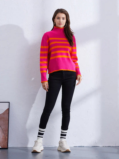 Sweaters- Women's Casual Striped Turtleneck Sweater- - IndioGear.com