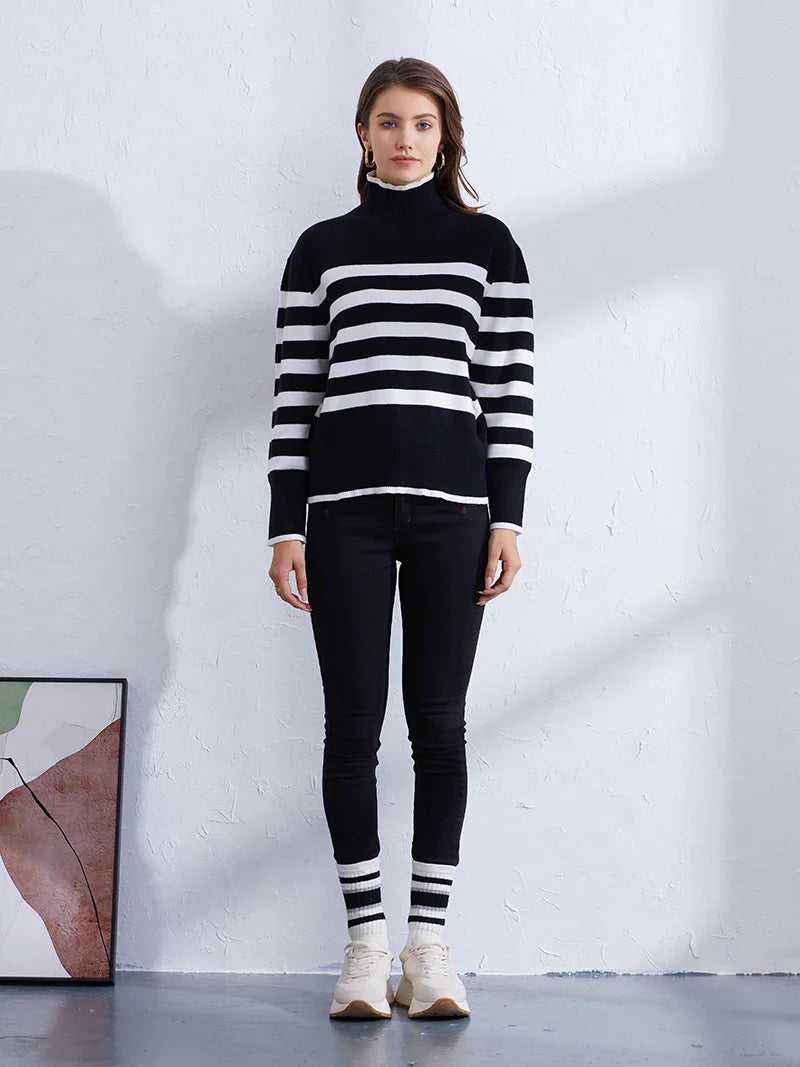 Sweaters- Women's Casual Striped Turtleneck Sweater- - IndioGear.com