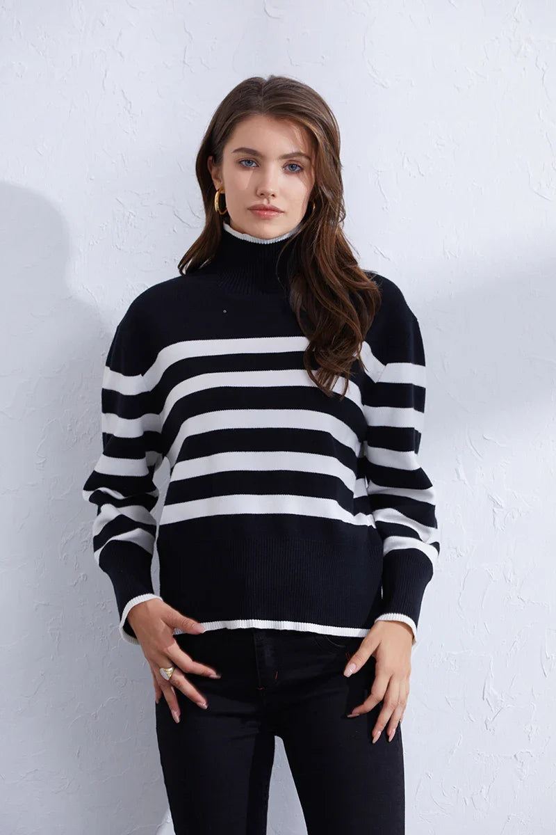 Sweaters- Women's Casual Striped Turtleneck Sweater- - IndioGear.com