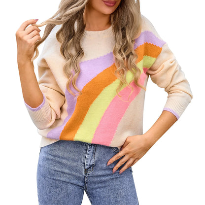 Sweaters- Women's Colorful Rainbow Knitted Jumper Cozy Sweater- Beige- IndioGear.com