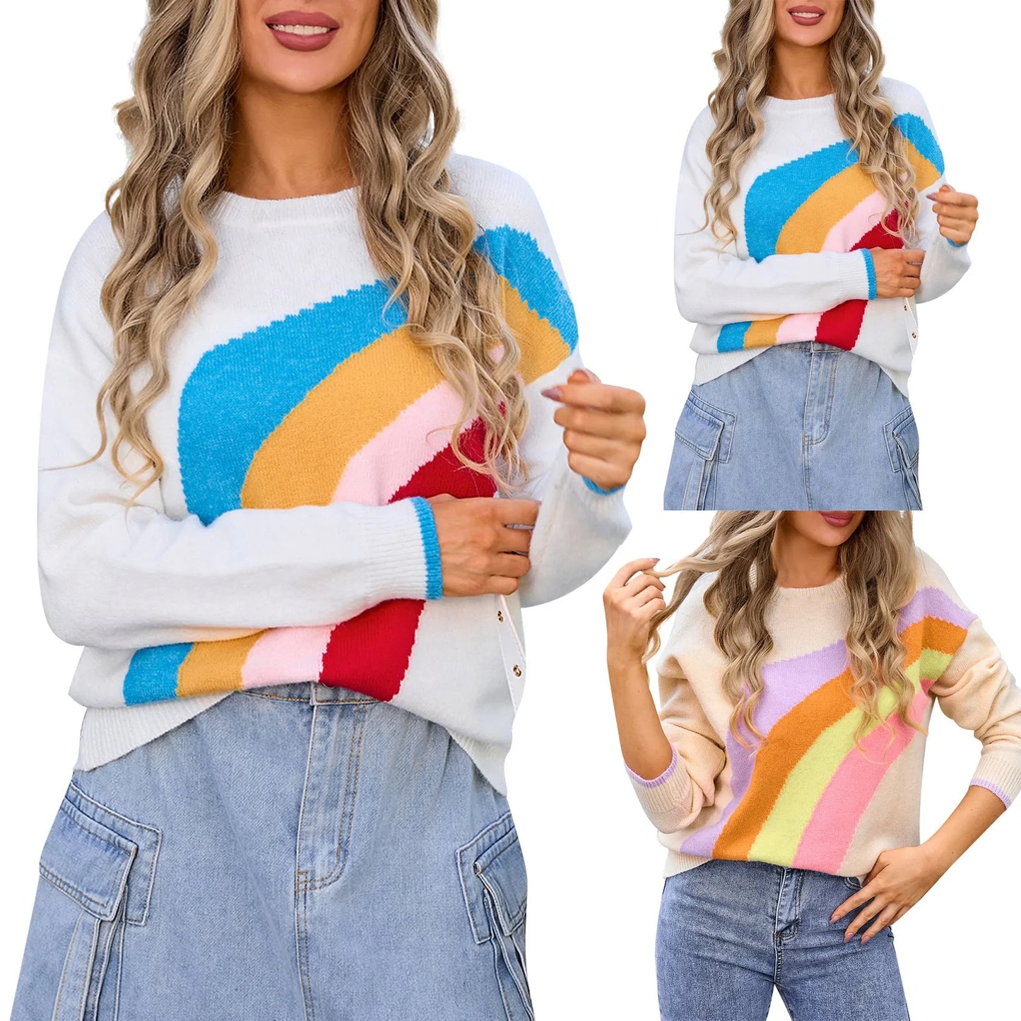 Sweaters- Women's Colorful Rainbow Knitted Jumper Cozy Sweater- - IndioGear.com