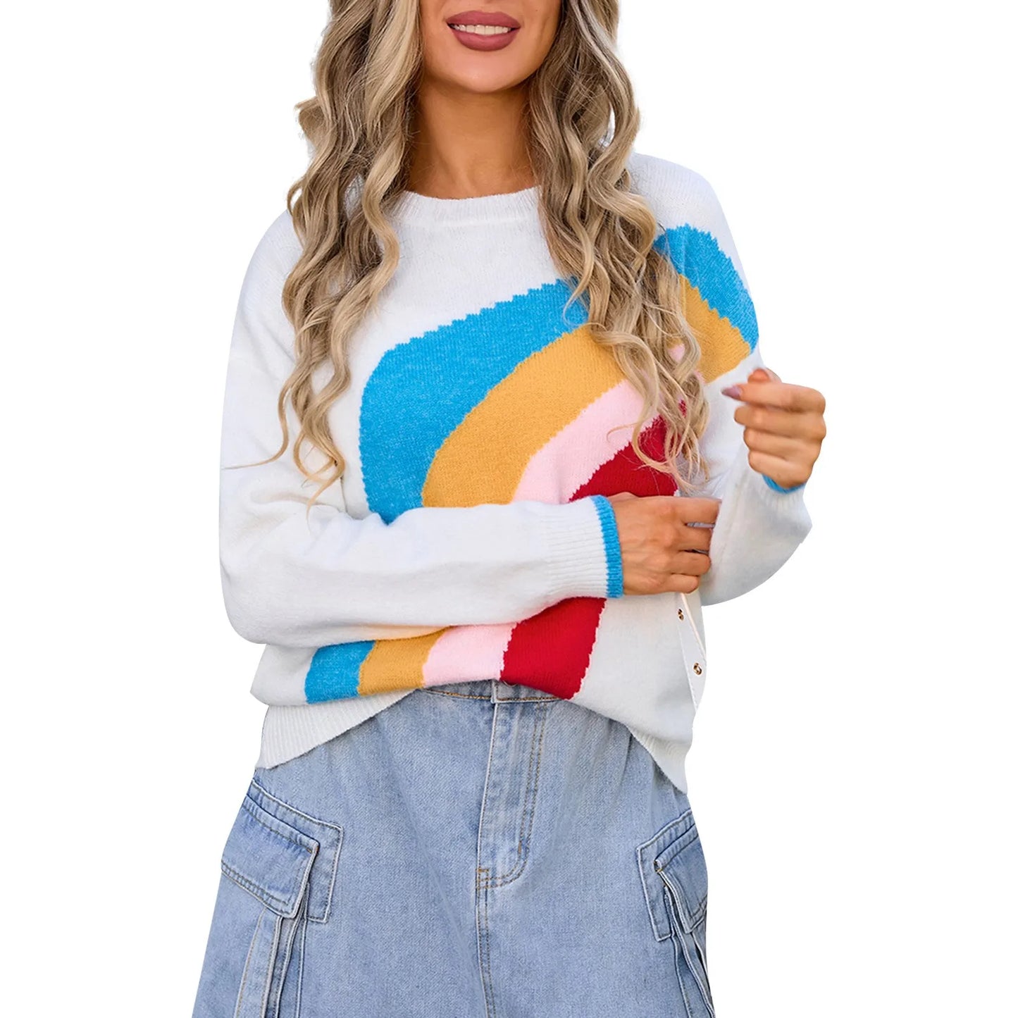 Sweaters- Women's Colorful Rainbow Knitted Jumper Cozy Sweater- White- IndioGear.com