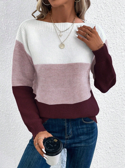 Sweaters- Women’s Cozy Loose-Fit Color-Block Sweater for Autumn Layering- Lotus root Pink- IndioGear.com