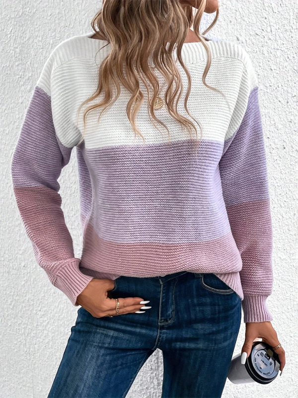 Sweaters- Women’s Cozy Loose-Fit Color-Block Sweater for Autumn Layering- Purple- IndioGear.com