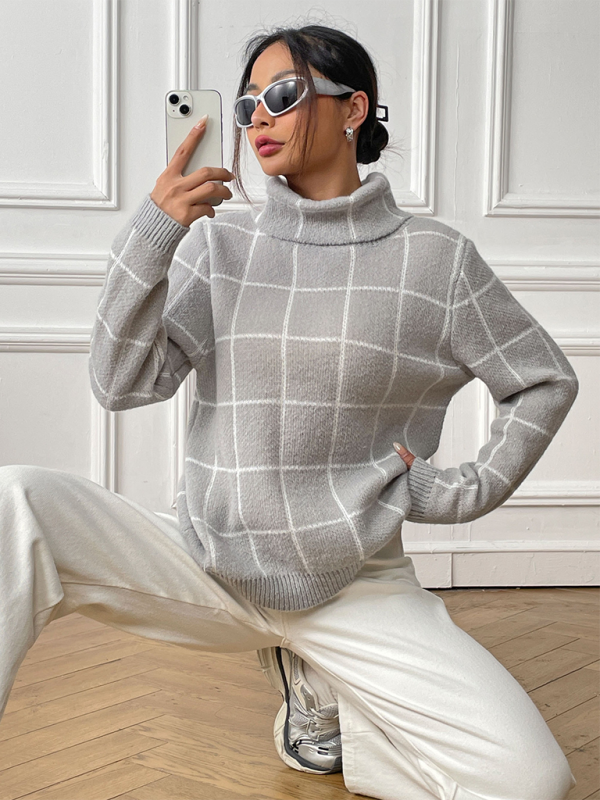 Sweaters- Women’s Cozy Plaid Turtleneck Jumper Sweater for Winter Layering- - IndioGear.com