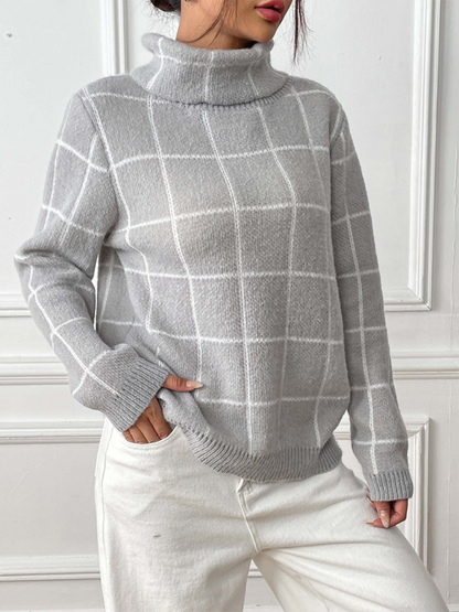 Sweaters- Women’s Cozy Plaid Turtleneck Jumper Sweater for Winter Layering- - IndioGear.com