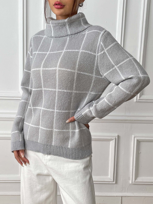 Sweaters- Women’s Cozy Plaid Turtleneck Jumper Sweater for Winter Layering- - IndioGear.com