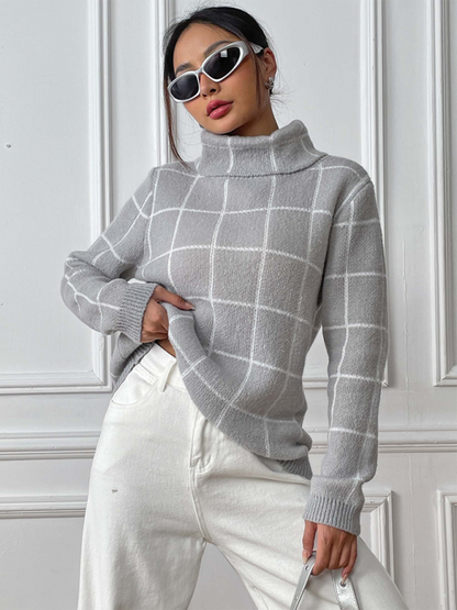 Sweaters- Women’s Cozy Plaid Turtleneck Jumper Sweater for Winter Layering- - IndioGear.com