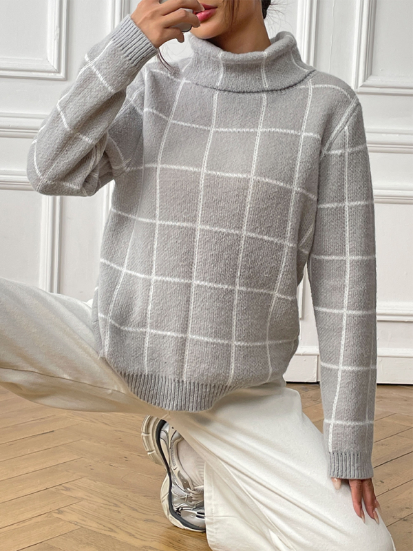 Sweaters- Women’s Cozy Plaid Turtleneck Jumper Sweater for Winter Layering- - IndioGear.com