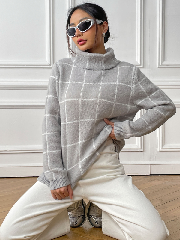 Sweaters- Women’s Cozy Plaid Turtleneck Jumper Sweater for Winter Layering- - IndioGear.com