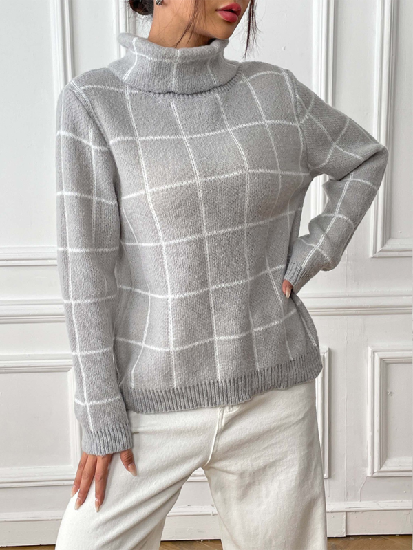 Sweaters- Women’s Cozy Plaid Turtleneck Jumper Sweater for Winter Layering- - IndioGear.com