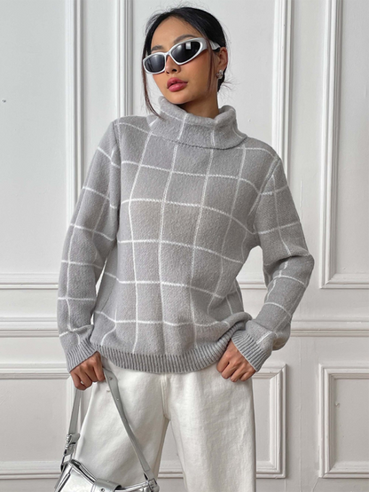 Sweaters- Women’s Cozy Plaid Turtleneck Jumper Sweater for Winter Layering- - IndioGear.com