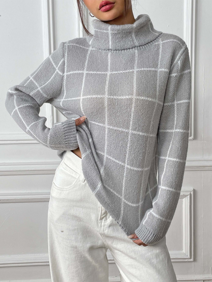 Sweaters- Women’s Cozy Plaid Turtleneck Jumper Sweater for Winter Layering- Grey- IndioGear.com