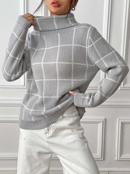 Sweaters- Women’s Cozy Plaid Turtleneck Jumper Sweater for Winter Layering- - IndioGear.com