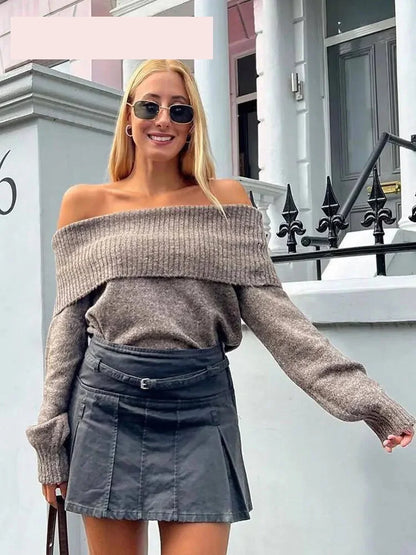 Sweaters- Women's Off-Shoulder Knit Sweater for Fall Days- - IndioGear.com