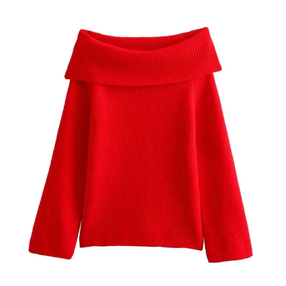 Sweaters- Women's Off-Shoulder Knit Sweater for Fall Days- Red- IndioGear.com