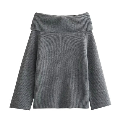 Sweaters- Women's Off-Shoulder Knit Sweater for Fall Days- Grey- IndioGear.com