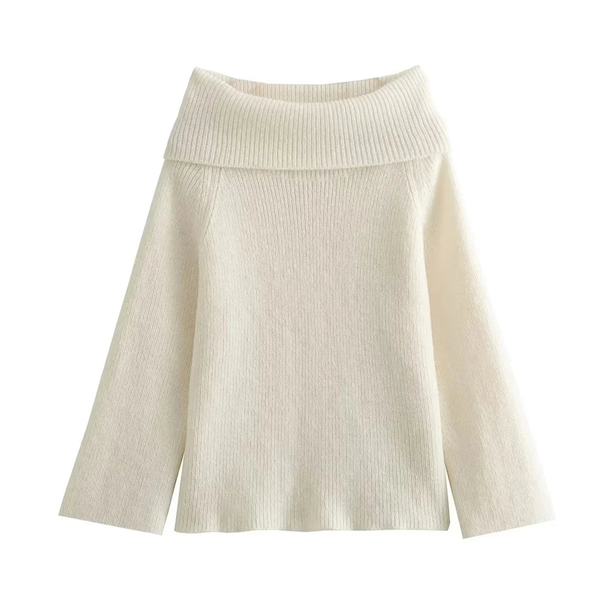 Sweaters- Women's Off-Shoulder Knit Sweater for Fall Days- Beige- IndioGear.com