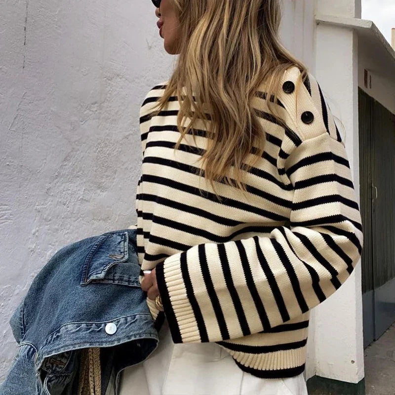 Sweaters- Women's Oversized Sweater with Side Buttons in Stripes- Black apricot- IndioGear.com