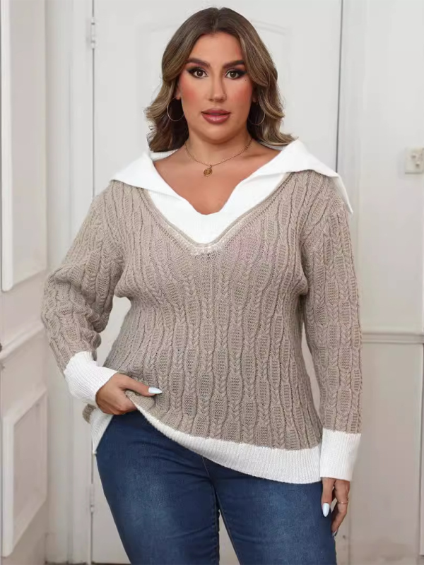 Sweaters- Women’s Plus Size Wide Collar Sweater – Cozy Jumper for Autumn Layering- - IndioGear.com