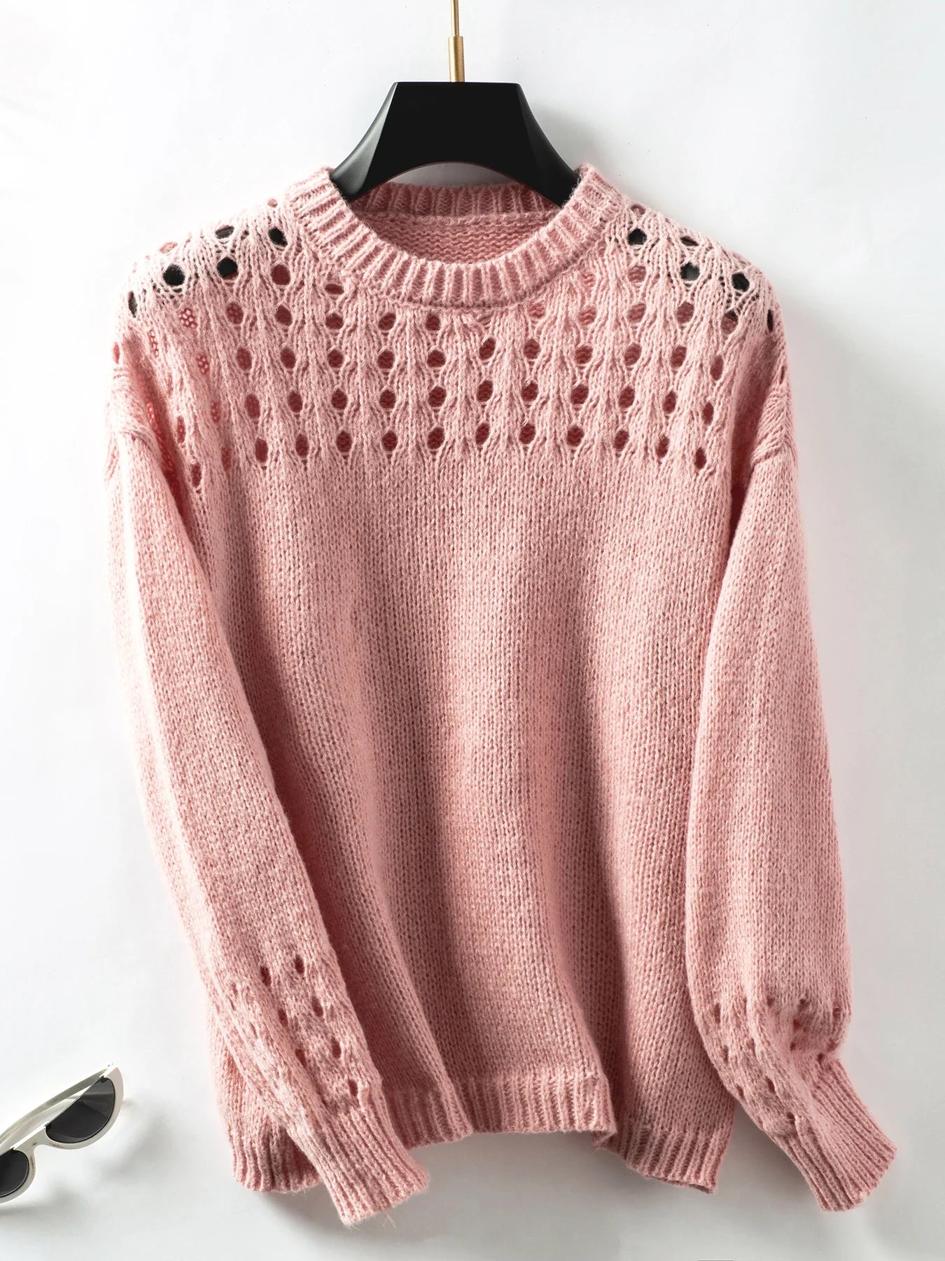 Sweaters- Women's Solid Crewneck Sweater with Hollow Details- Pink- IndioGear.com