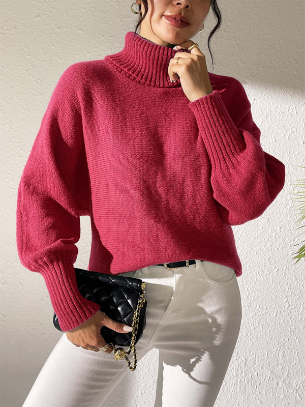 Sweaters- Women’s Solid Knitting Jumper – Warm Turtleneck Sweater for Winter- Red- IndioGear.com