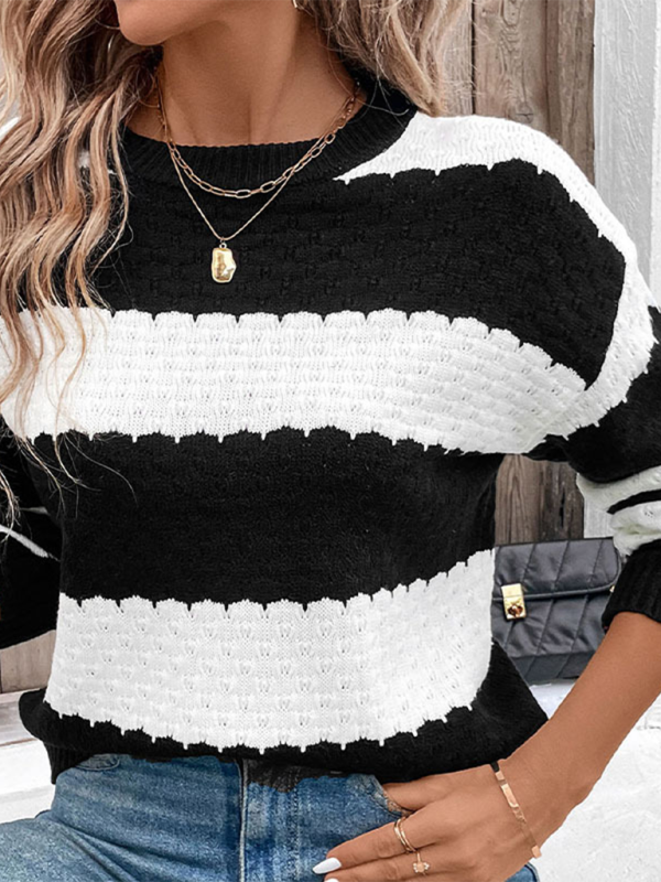 Sweaters- Women’s Stripe Knit Jumper | Classic Crew Neck Sweater- - IndioGear.com