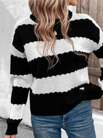 Sweaters- Women’s Stripe Knit Jumper | Classic Crew Neck Sweater- - IndioGear.com