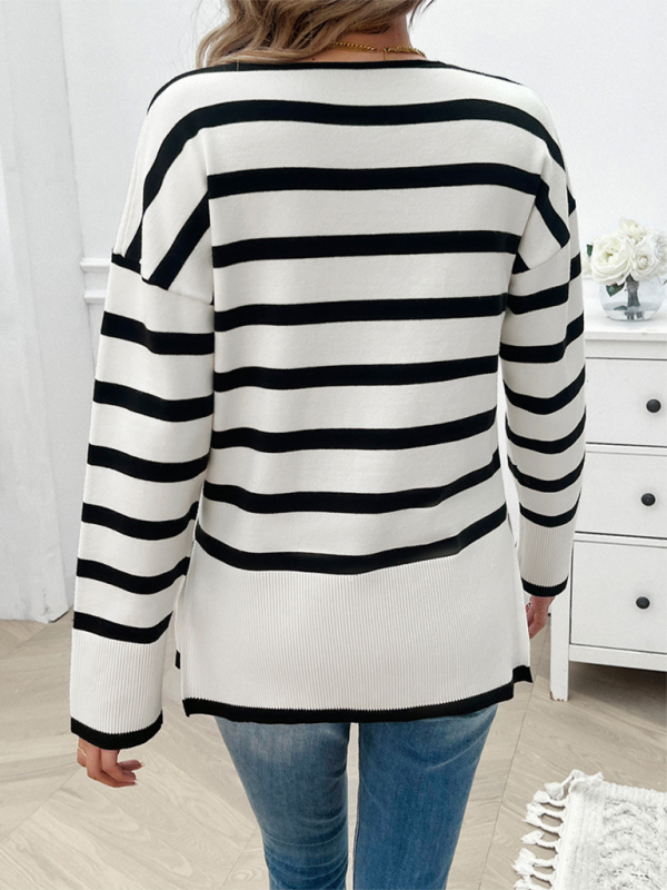 Sweaters- Women's Striped Drop Shoulder V-Neck Knit Sweater- - IndioGear.com