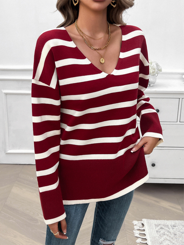 Sweaters- Women's Striped Drop Shoulder V-Neck Knit Sweater- - IndioGear.com