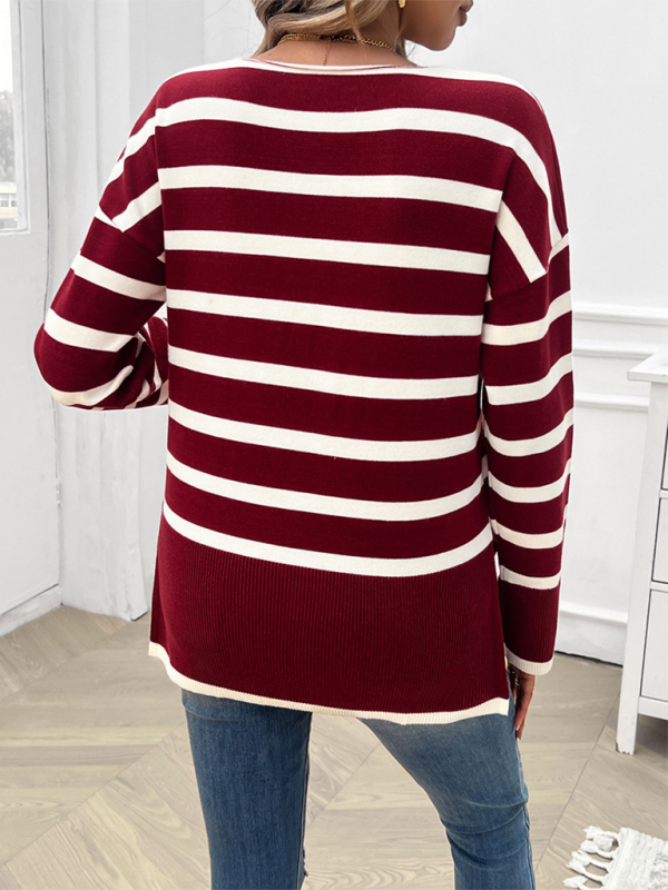 Sweaters- Women's Striped Drop Shoulder V-Neck Knit Sweater- - IndioGear.com