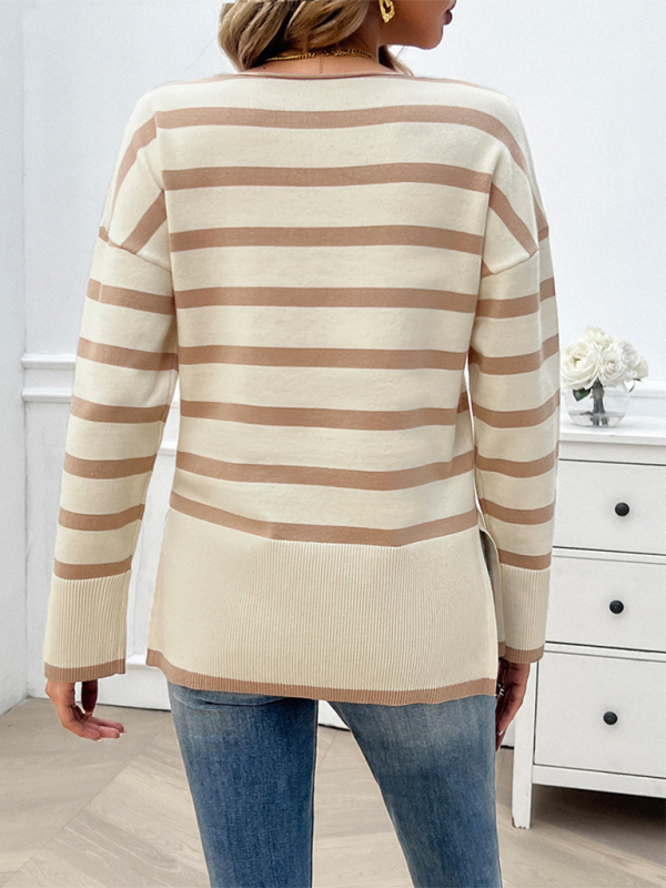 Sweaters- Women's Striped Drop Shoulder V-Neck Knit Sweater- - IndioGear.com