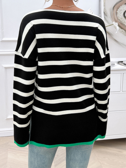 Sweaters- Women's Striped Drop Shoulder V-Neck Knit Sweater- - IndioGear.com