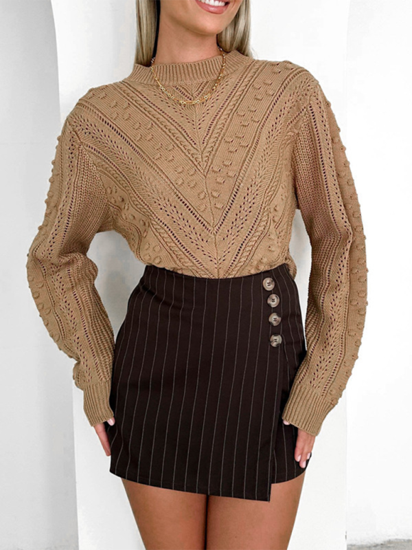 Sweaters- Women's Textured Fall Cable Knit Sweater- Khaki- IndioGear.com