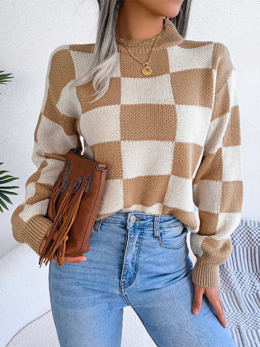 Sweaters- Yin-Yang Checkerboard Knits – Long Sleeve Sweaters- Cracker khaki- IndioGear.com