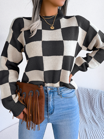 Sweaters- Yin-Yang Checkerboard Knits – Long Sleeve Sweaters- Black- IndioGear.com