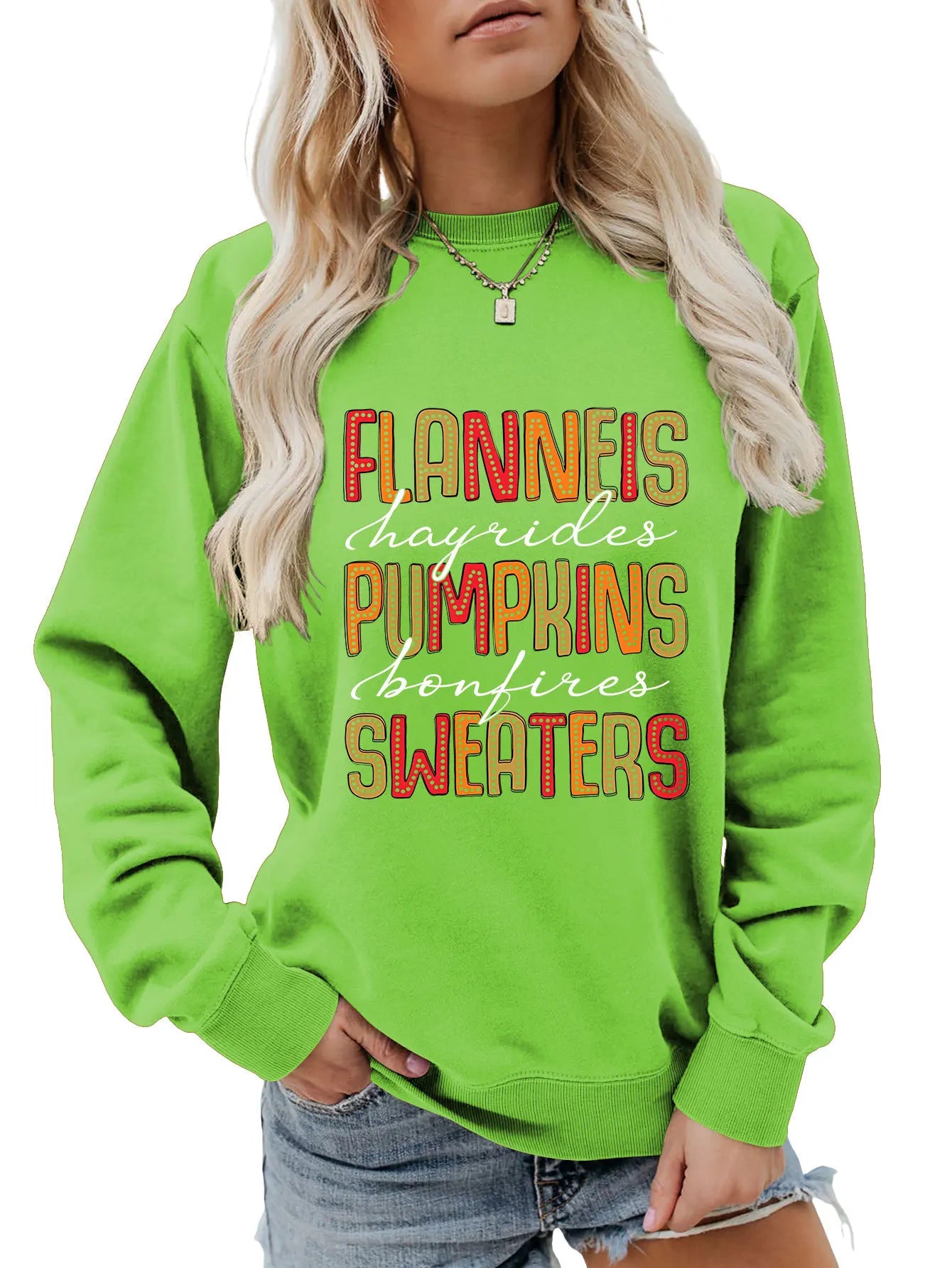 Sweatshirts- Autumn Graphic Crewneck Sweatshirt- Fluorescent Green- IndioGear.com