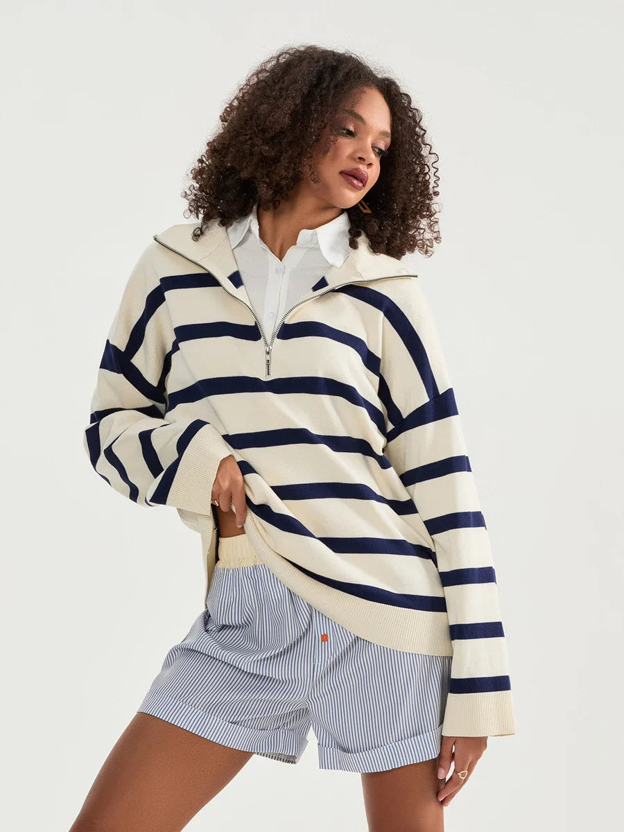 Sweatshirts- Bold Contrasting Stripe Half-Zip Pullover- - IndioGear.com