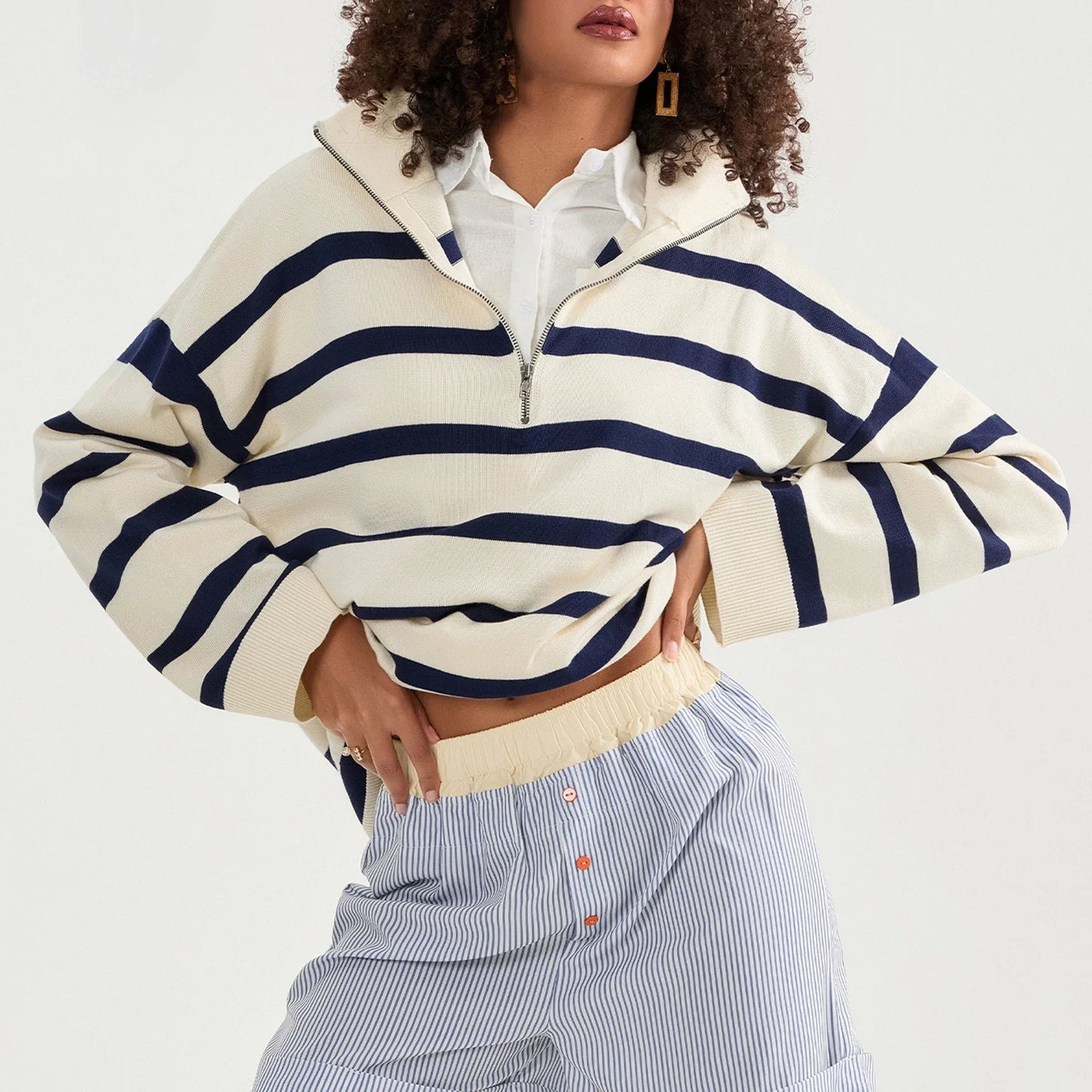 Sweatshirts- Bold Contrasting Stripe Half-Zip Pullover- Pattern2- IndioGear.com