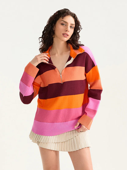 Sweatshirts- Bold Contrasting Stripe Half-Zip Pullover- - IndioGear.com