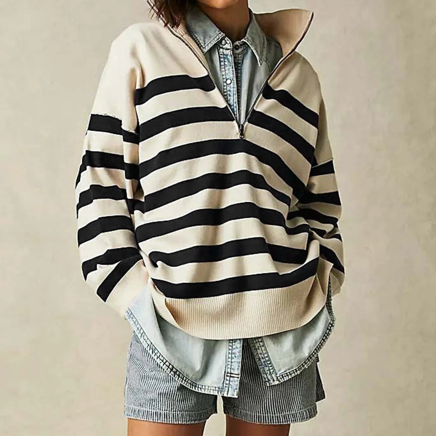 Sweatshirts- Bold Contrasting Stripe Half-Zip Pullover- - IndioGear.com