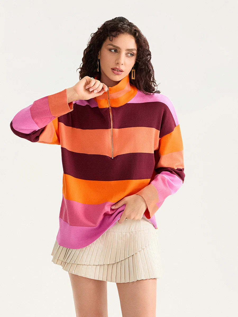 Sweatshirts- Bold Contrasting Stripe Half-Zip Pullover- - IndioGear.com