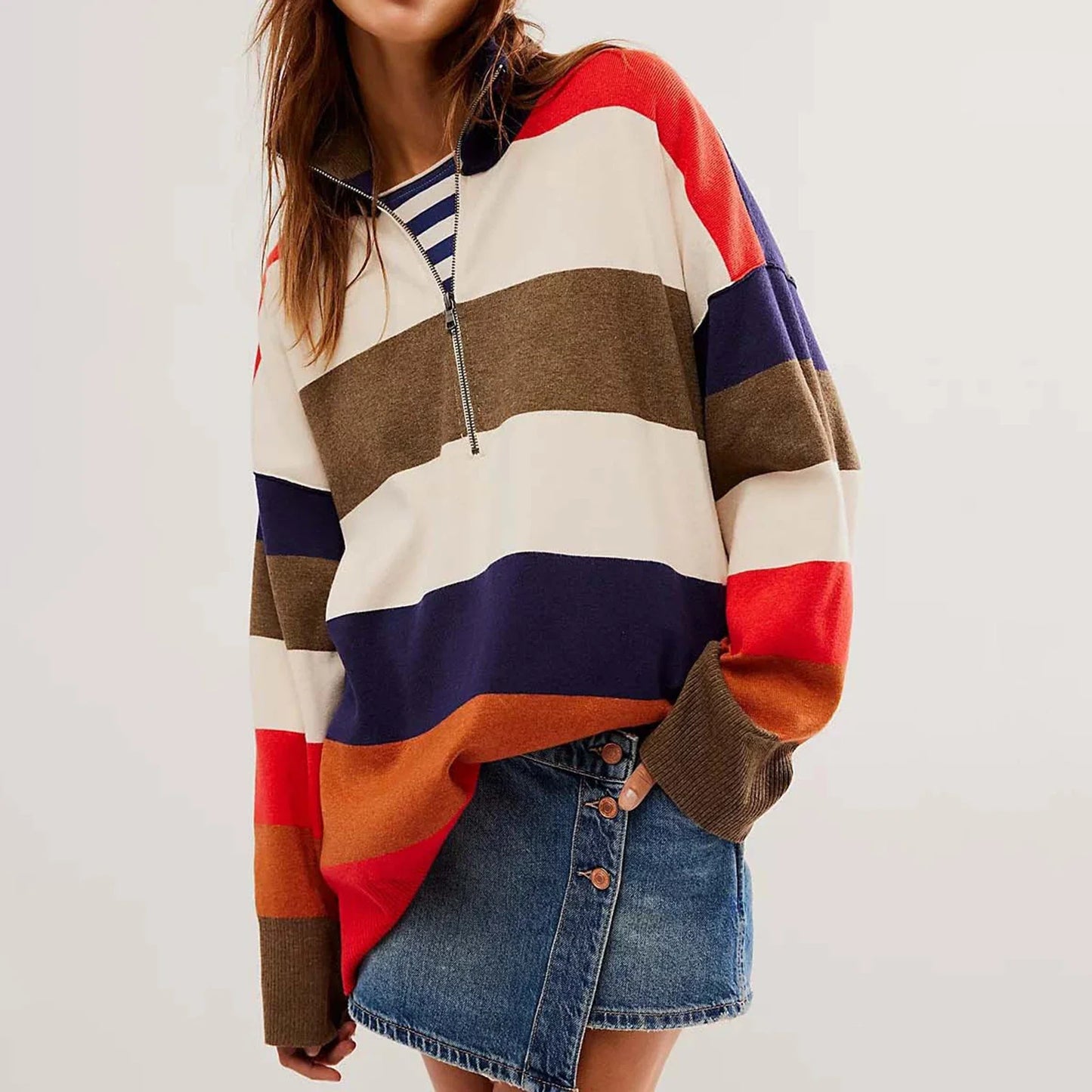 Sweatshirts- Bold Contrasting Stripe Half-Zip Pullover- - IndioGear.com