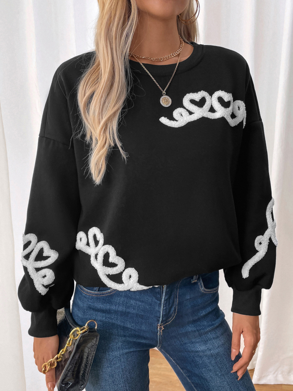 Sweatshirts- Drop-Shoulder Casual Sweatshirt Embroidered Heart Pullover- Black- IndioGear.com