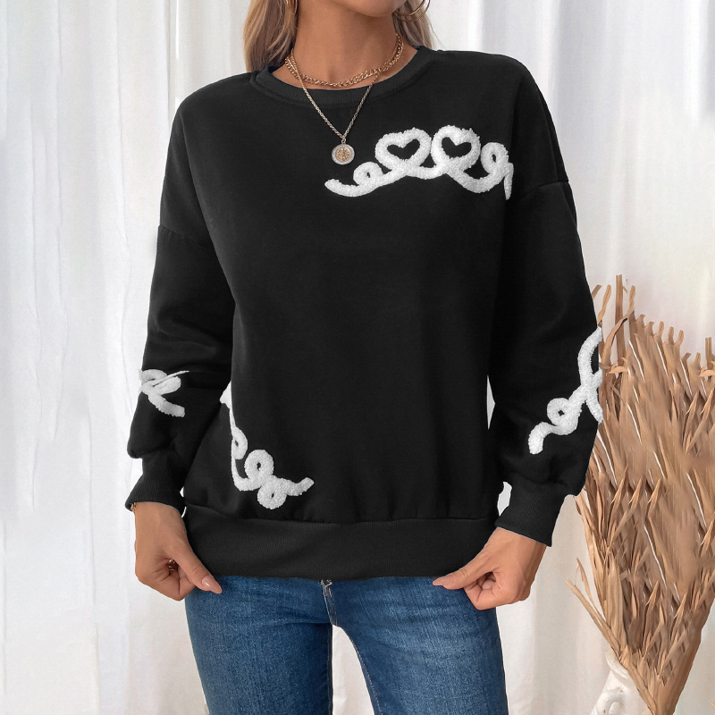 Sweatshirts- Drop-Shoulder Casual Sweatshirt Embroidered Heart Pullover- - IndioGear.com