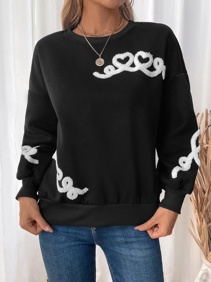 Sweatshirts- Drop-Shoulder Casual Sweatshirt Embroidered Heart Pullover- - IndioGear.com