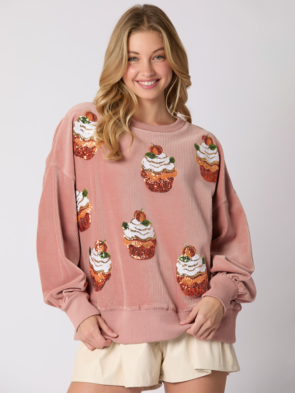 Sweatshirts- Festive Embroidered Pullover Sparkly Santa Sweatshirt- Pink- IndioGear Women Clothing