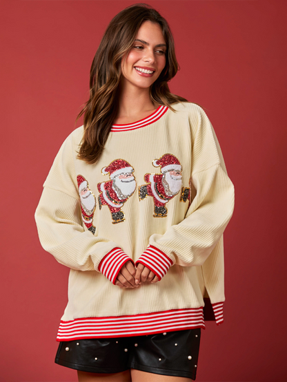 Sweatshirts- Festive Santa Corduroy Pullover Sparkling Santa Sweatshirt- Cream- IndioGear Women Clothing