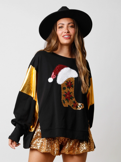 Sweatshirts- Festive Sequin Stocking Sweatshirt Santa Sweater- Black- IndioGear Women Clothing