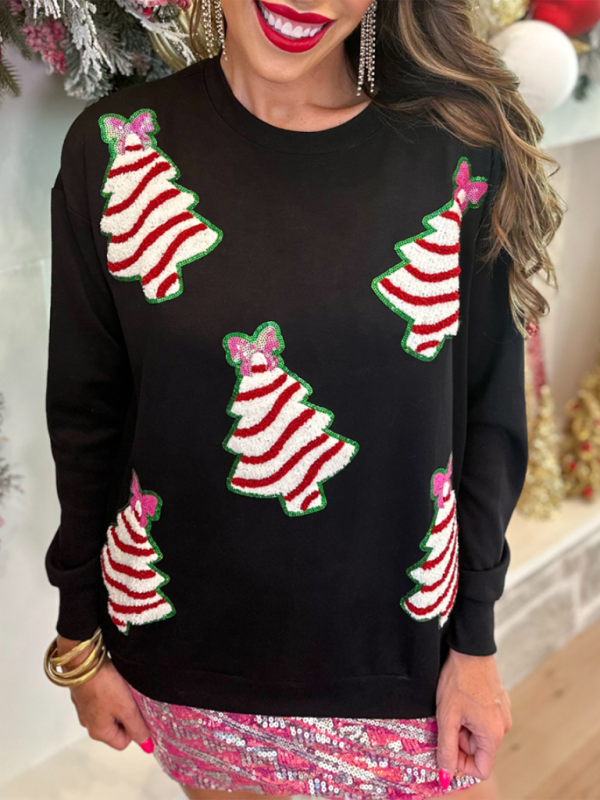 Sweatshirts- Holiday Tree Sparkle Sweatshirt Christmas Sequined Sweater- - IndioGear Women Clothing